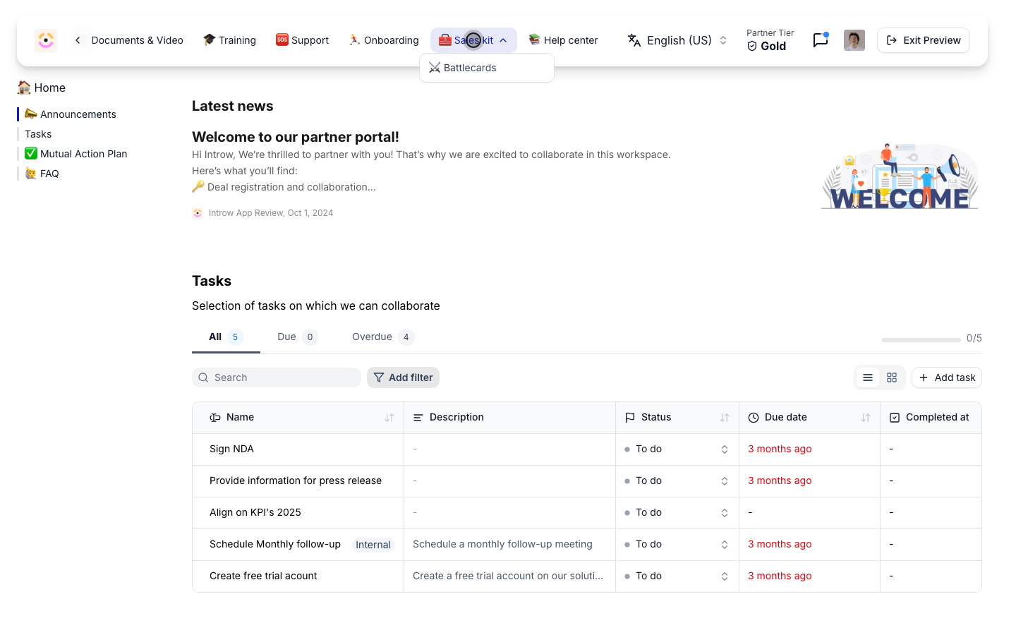 The partner portal navigation with the Sales kit group open on its Battlecards tab, and the Help center URL tab beside it.