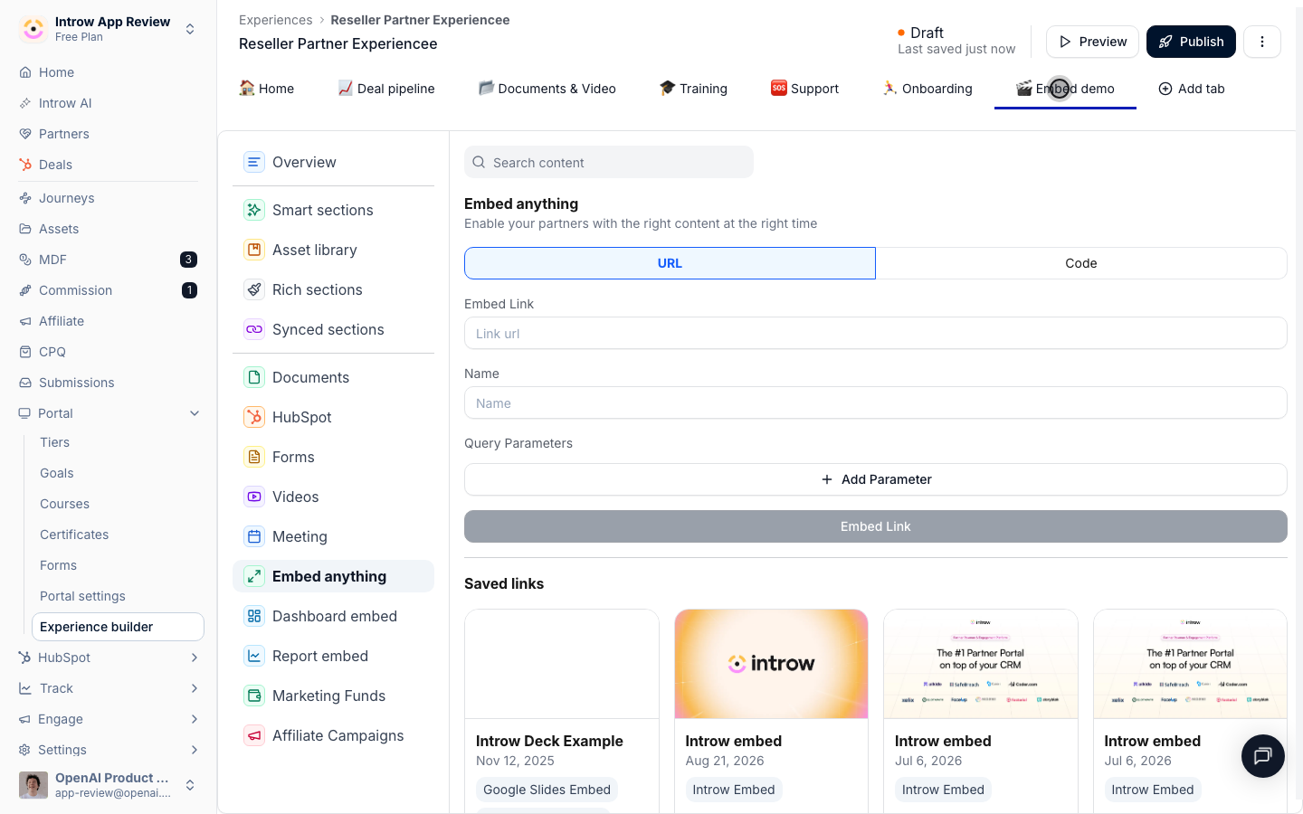 Embed a page from anywhere, plus Documents (Google), Videos (Loom, YouTube), and Meeting schedulers.