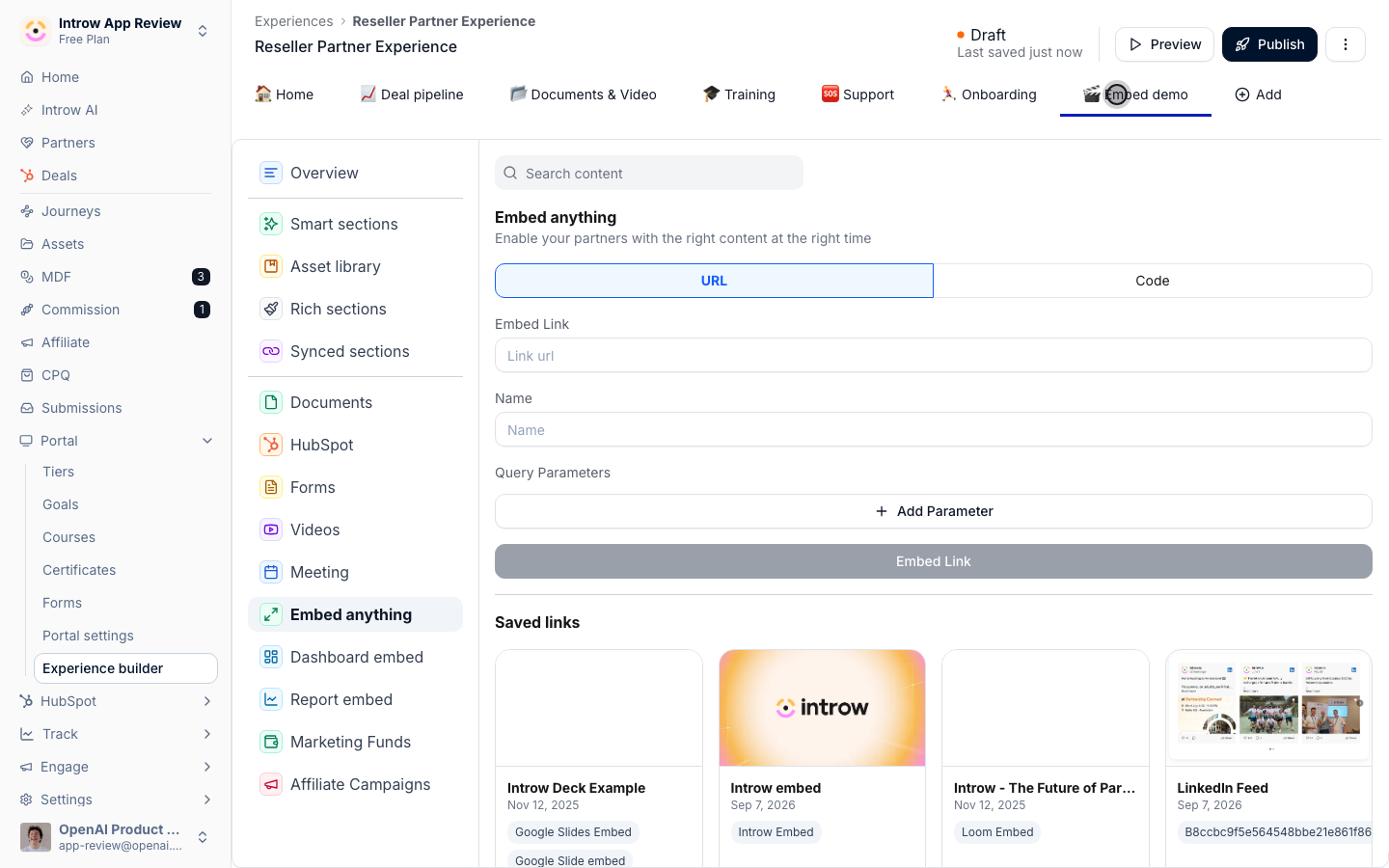 Embed a page from anywhere, plus Documents (Google), Videos (Loom, YouTube), and Meeting schedulers.