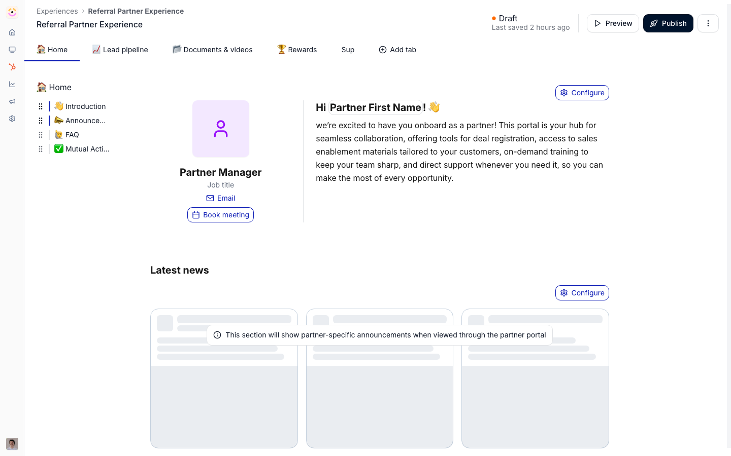 A portal experience open in the builder, where a partner directory is added as a section and the categories buyers filter it by are chosen.