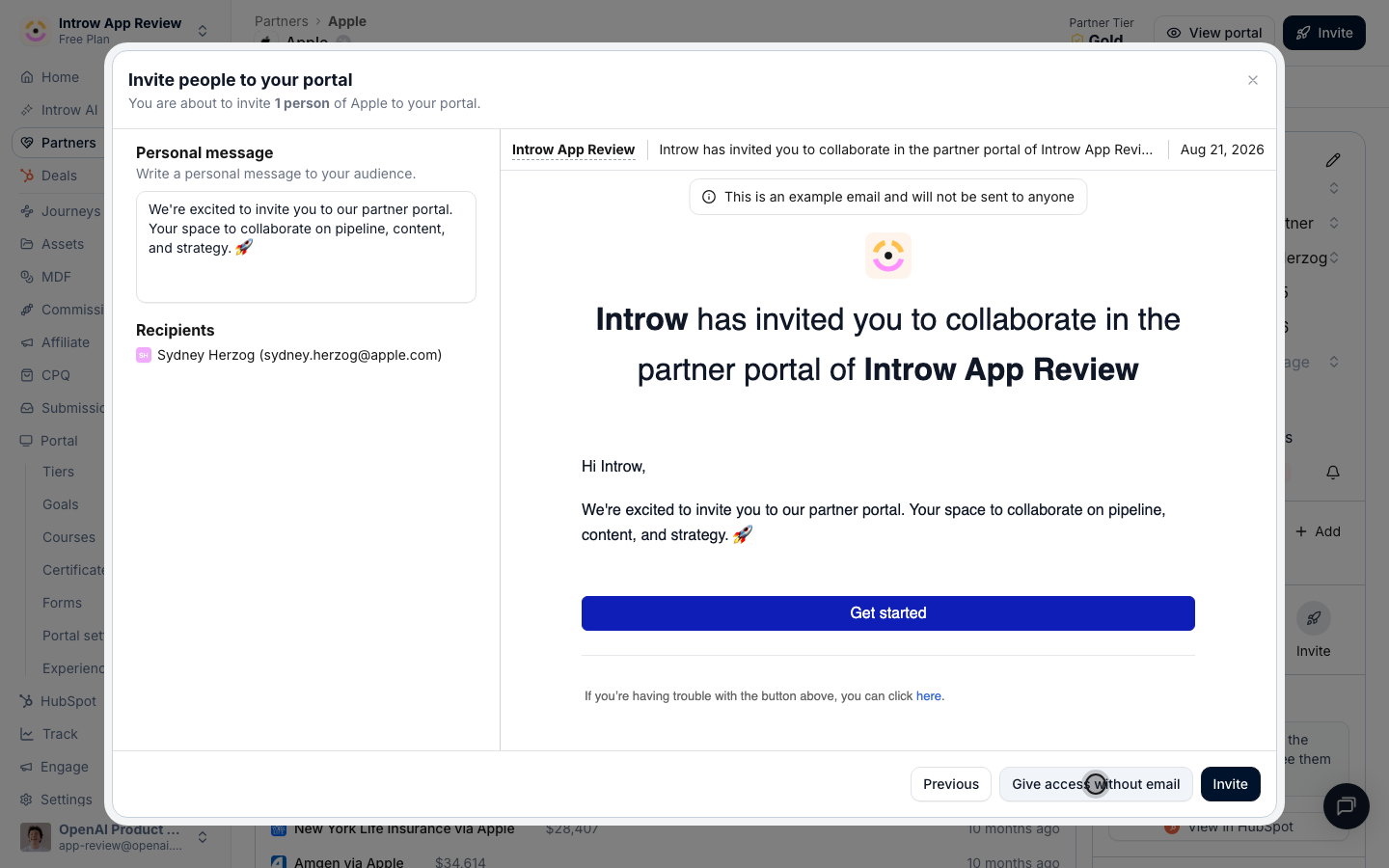 Add a personal note, then either invite by email or grant access silently: the send happens from here.
