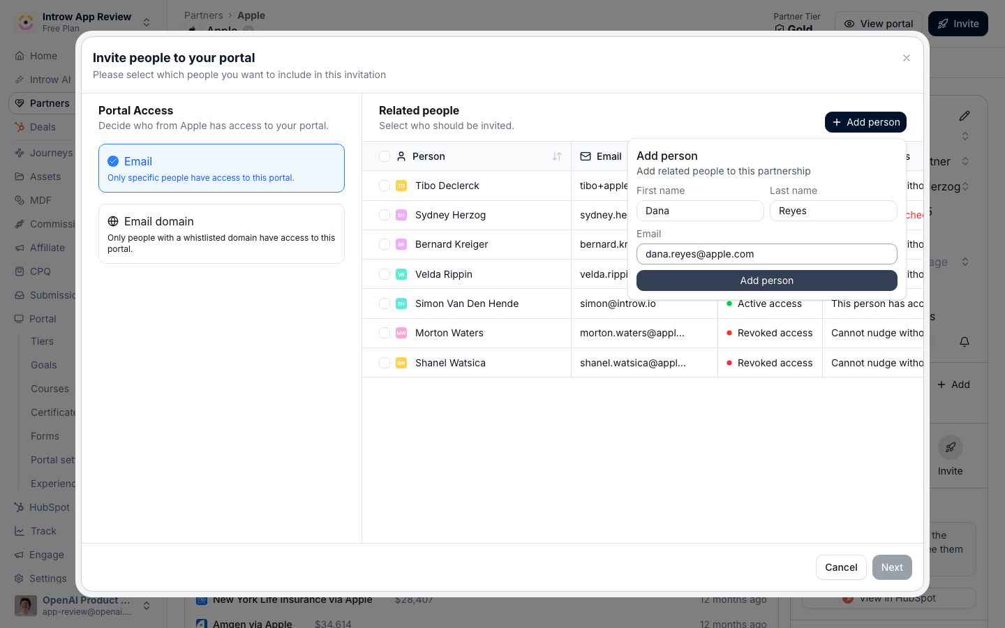 Add a new person with an optional first and last name and their work email.