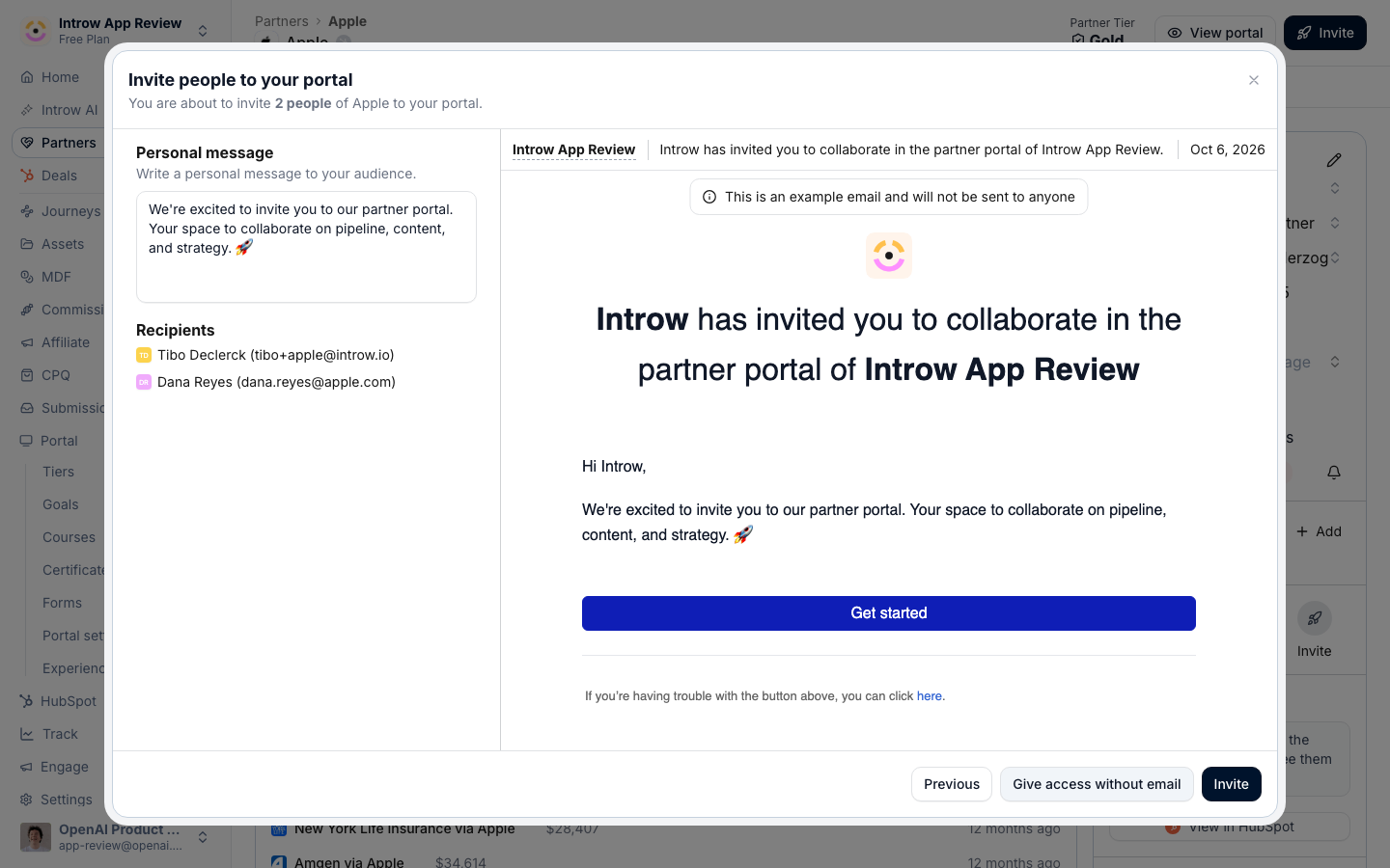 Add a personal note, then either invite by email or grant access silently: the send happens from here.