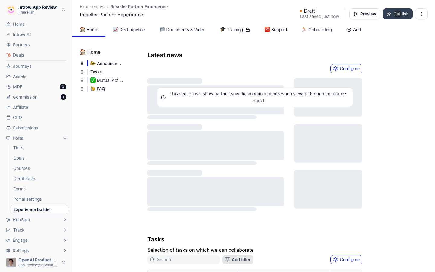 A tab's access travels with the experience, so publish to push it to the partner.