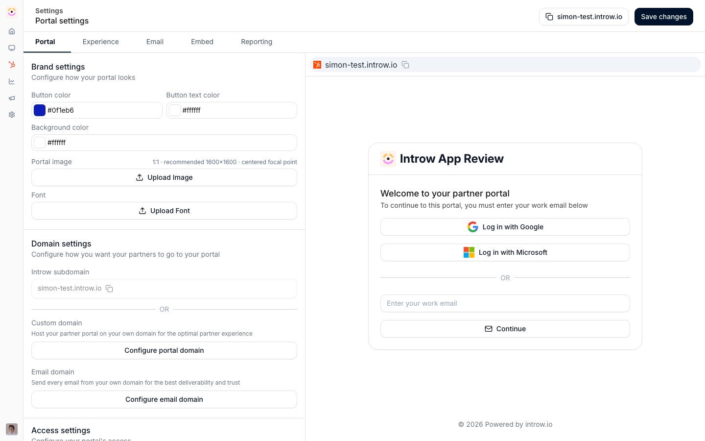 The login section of Portal settings, choosing how partners sign in - Google, Microsoft or a verification code - and what happens when someone has no access yet.