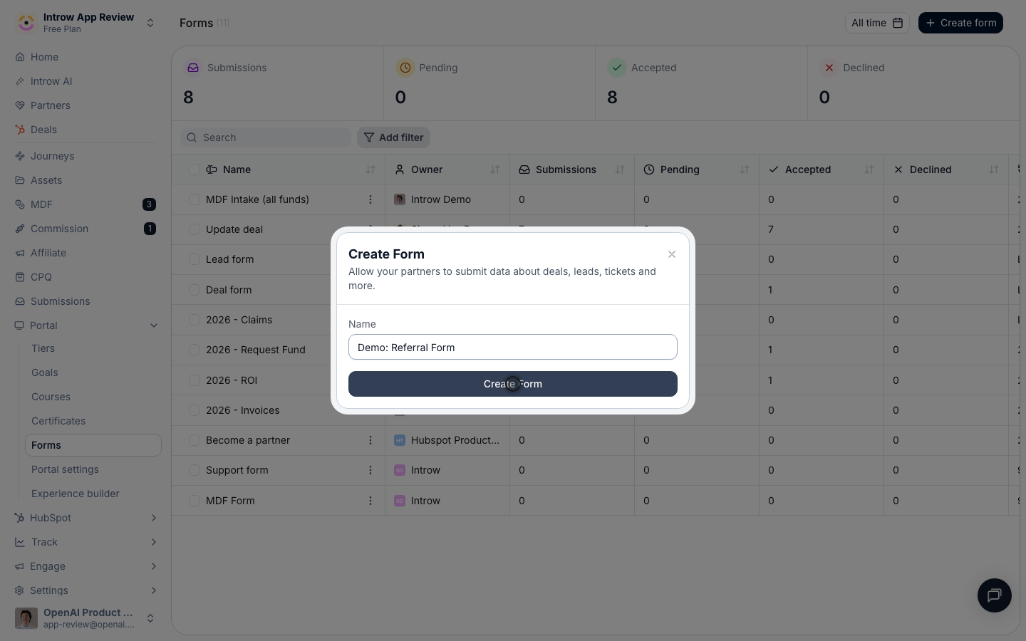 Create the form (a real write): it opens in the builder.