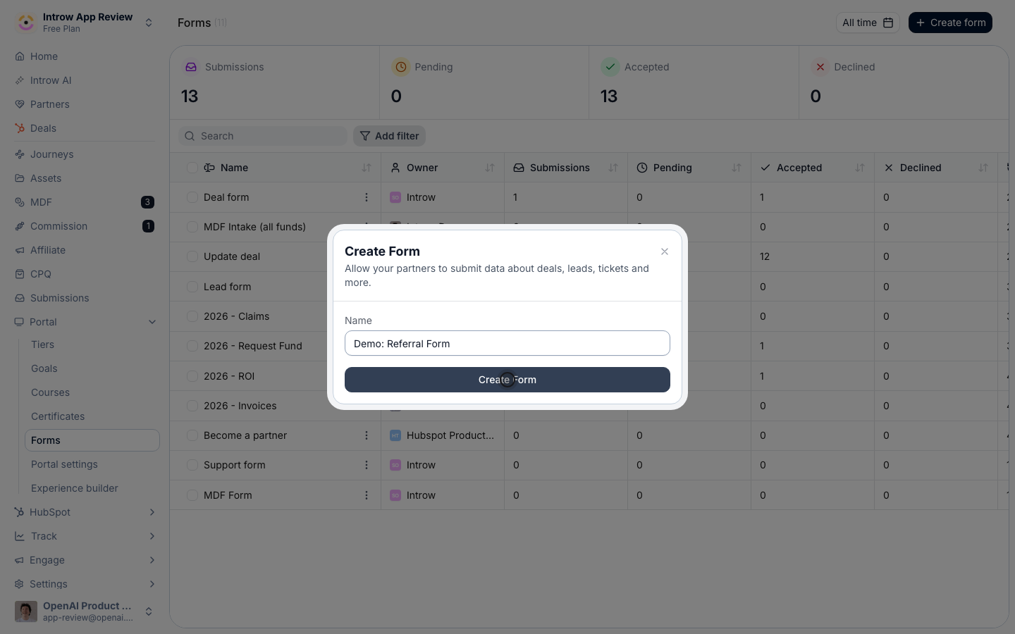 Create the form (a real write): it opens in the builder.