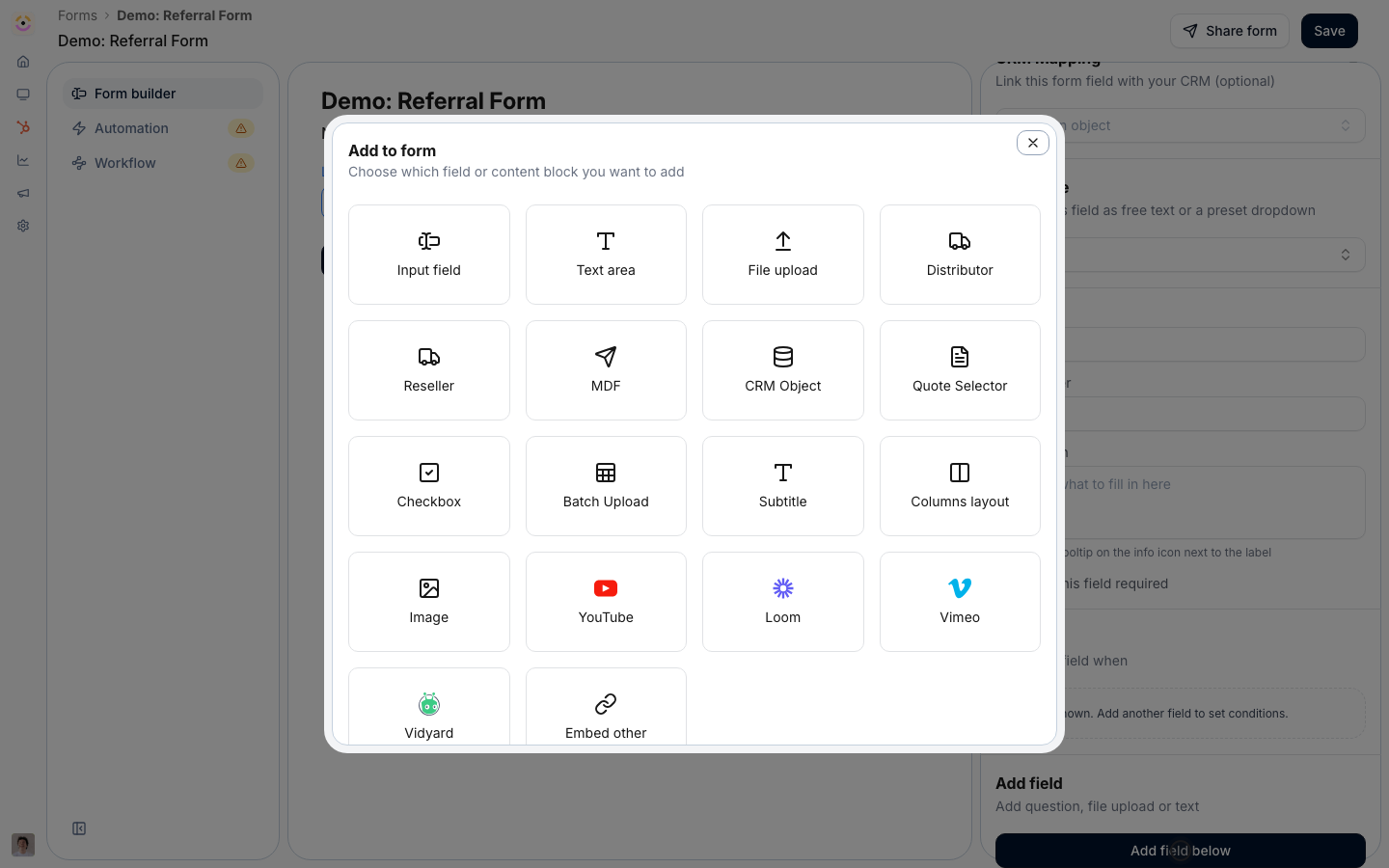 Add the questions about the prospect (company, contact, email, notes), each with a type, label, required toggle, and CRM mapping.