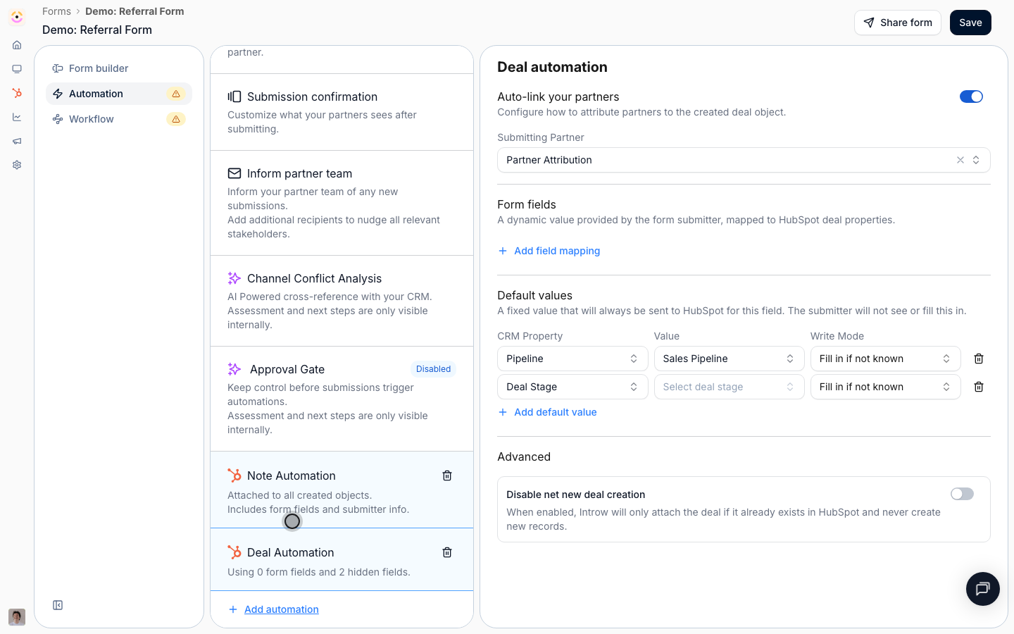 Turn on 'Create a new deal', then map each answer to a CRM property with a Write Mode, and set default values every referral carries.