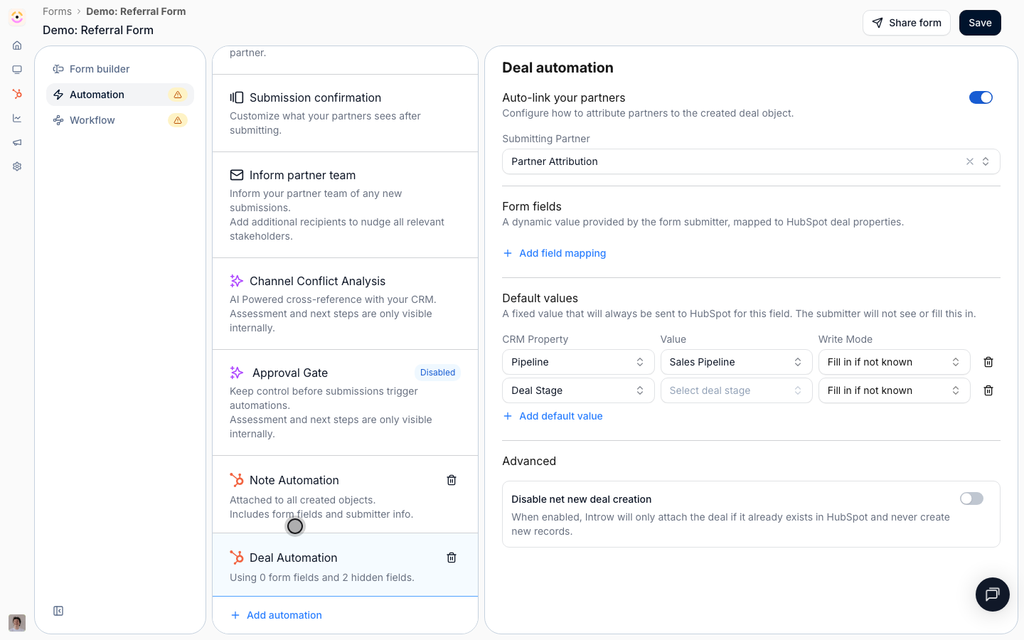 Add a Submission confirmation to control the end screen or redirect, and use the Approval Gate to review referrals before they create CRM records.