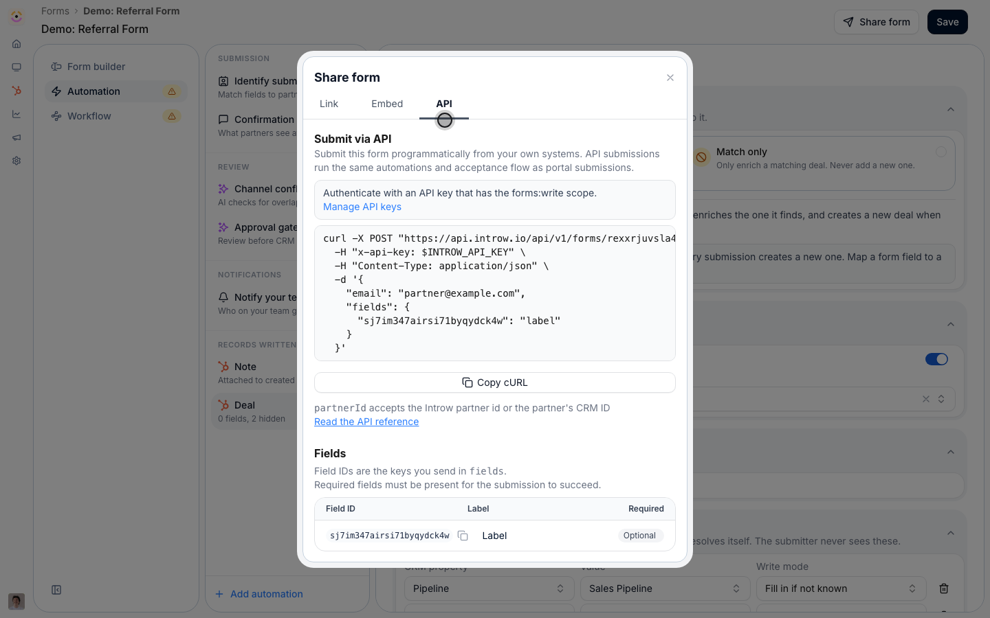 The API tab turns the same form into a request, so a partner's own system, your tooling, or an agent refers without anyone opening the form.