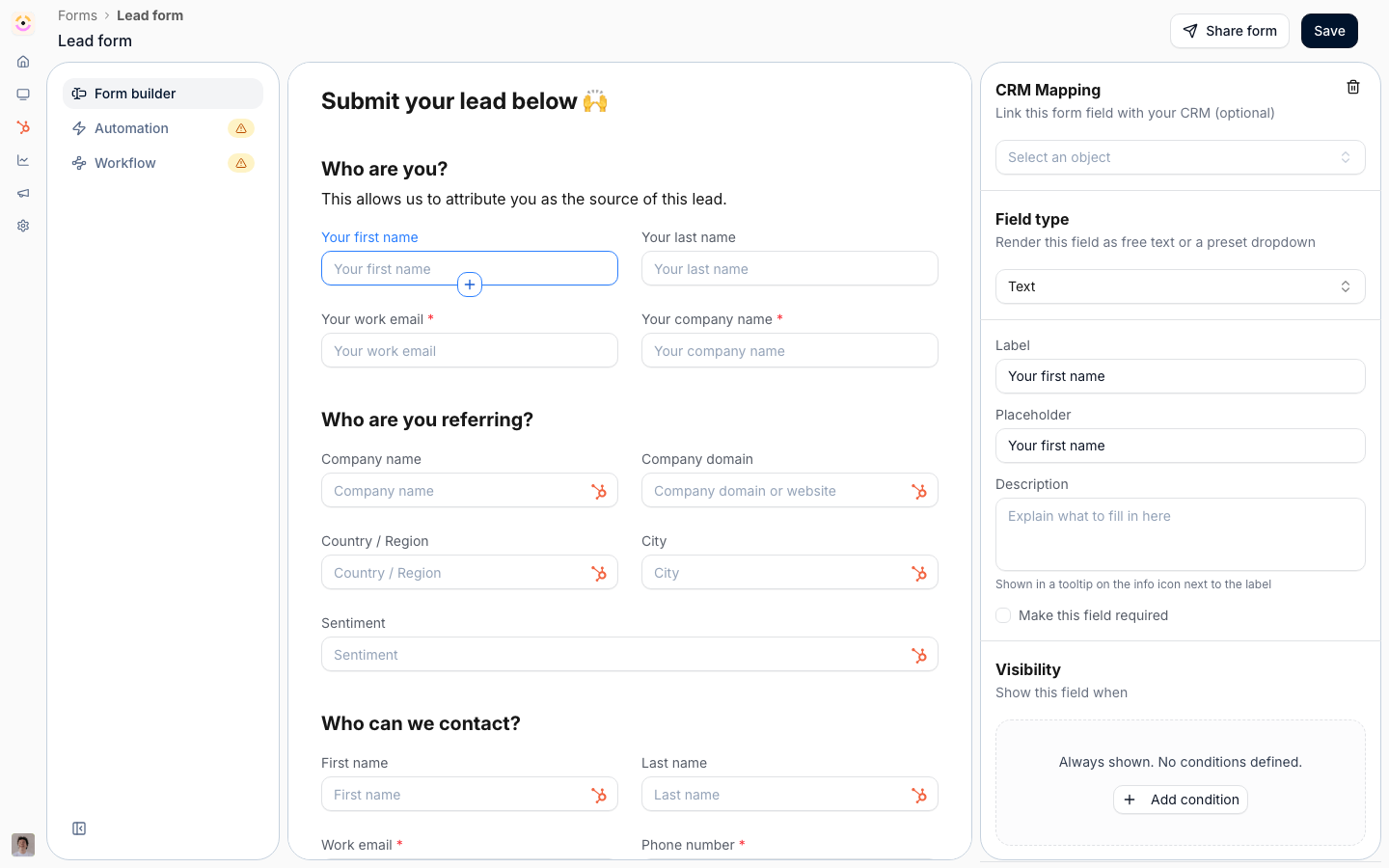 A referral form in the builder, asking who is referring and who is being referred, with each field mapped to a CRM property.