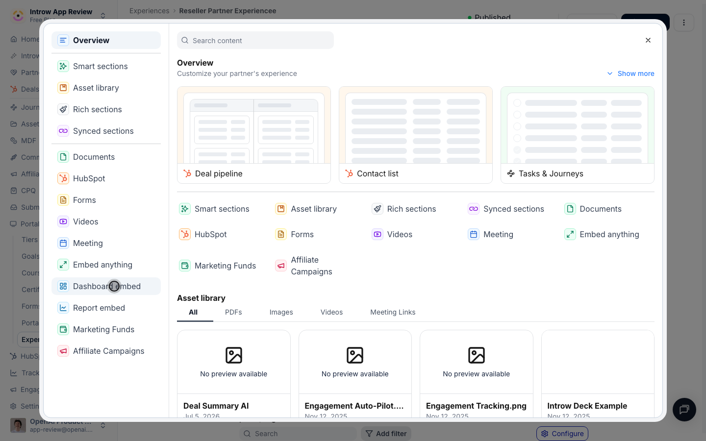 This section type surfaces an Introw dashboard, scoped to each partner.
