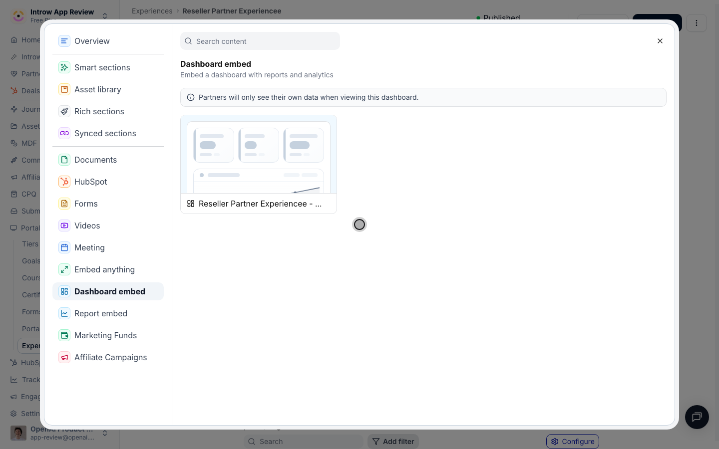 Choose a saved dashboard; each partner sees only their own scoped data.