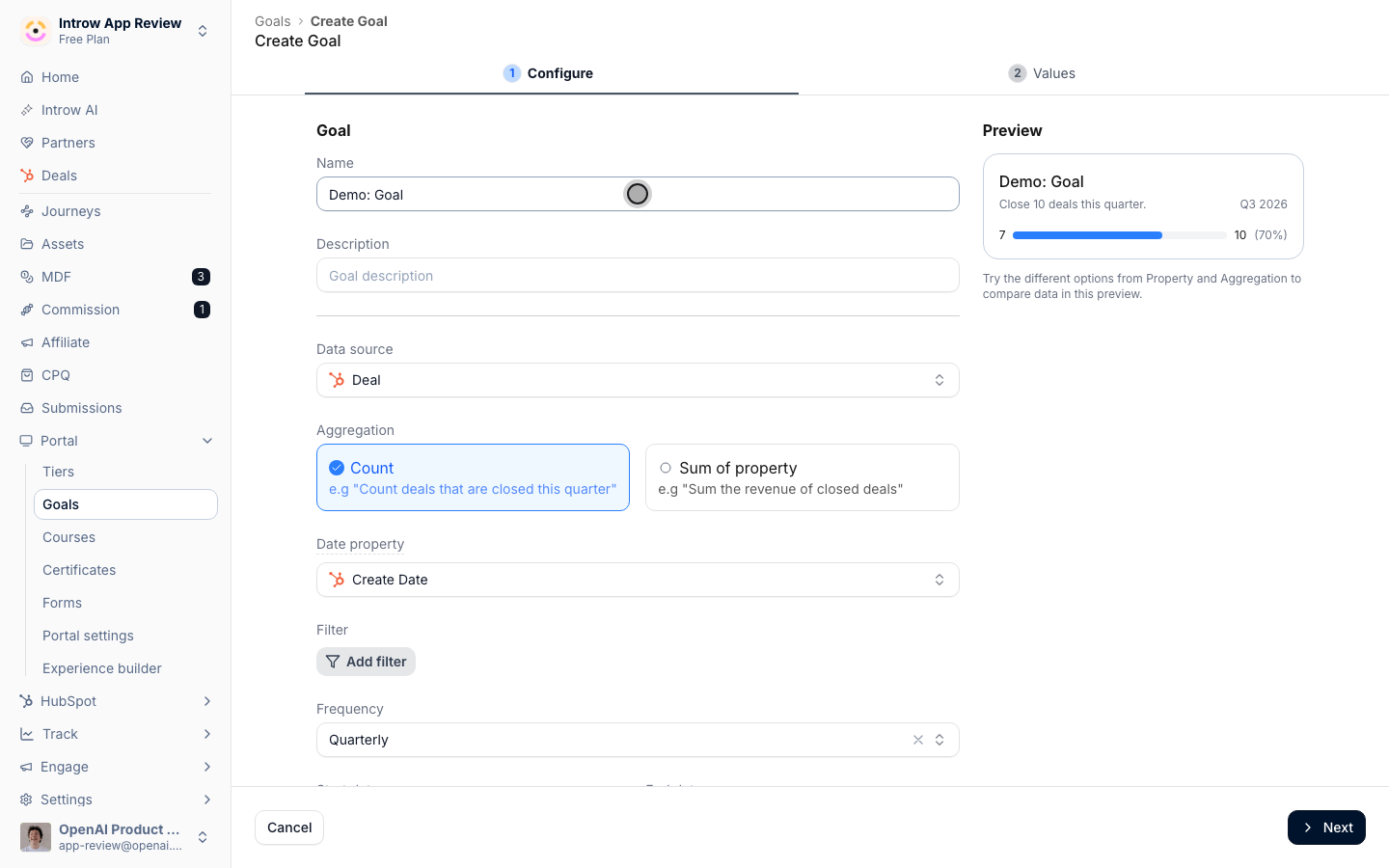 Name the goal, then keep the metric (count of deals), quarterly frequency, and date defaults.