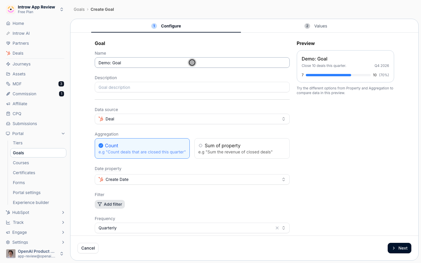 Name the goal, then keep the metric (count of deals), quarterly frequency, and date defaults.