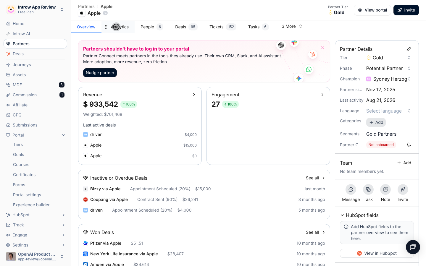 Analytics shows the partner's dashboard in detail.