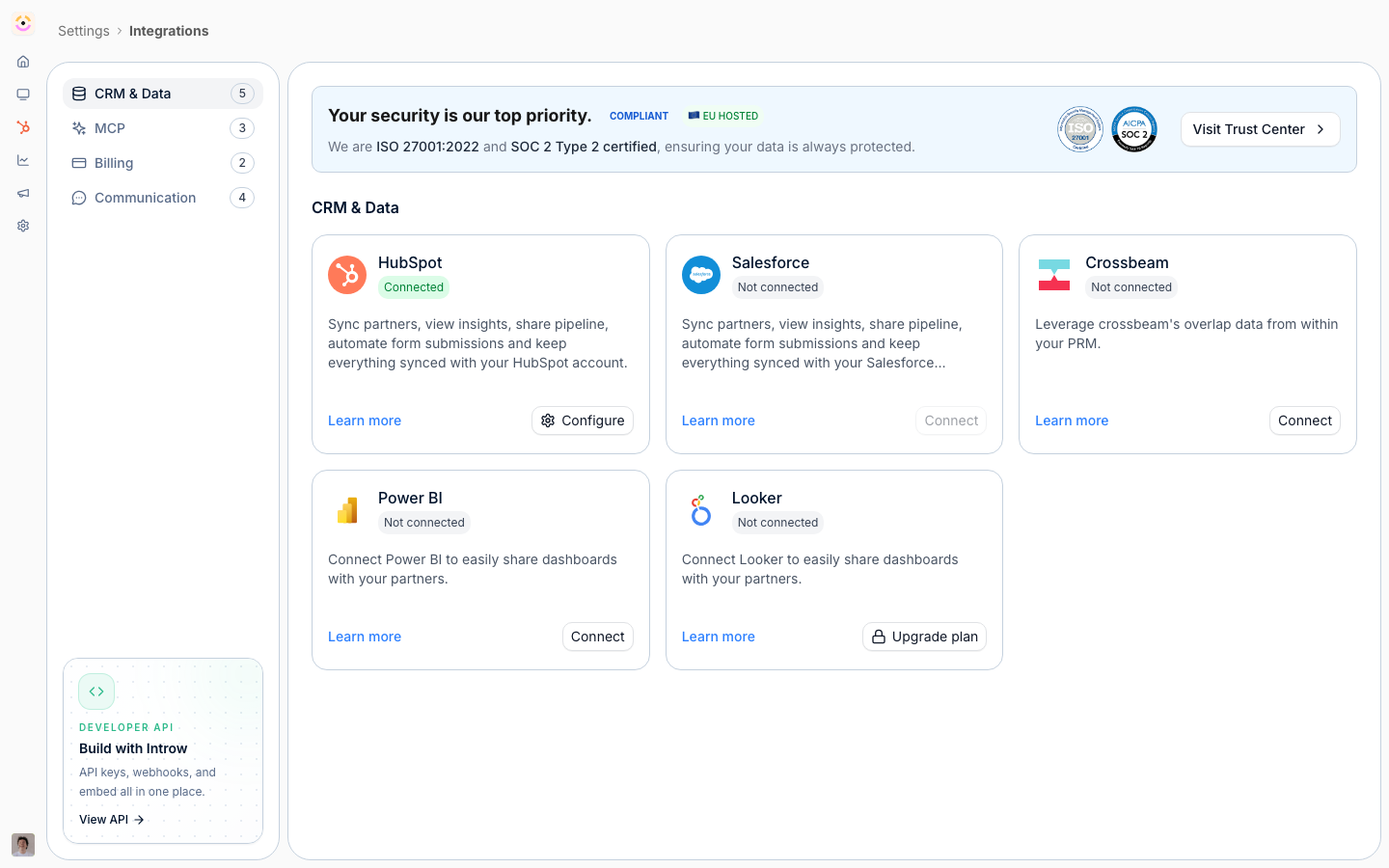 The CRM & Data integrations, where Power BI and Looker connect a BI tool straight to the program's data.