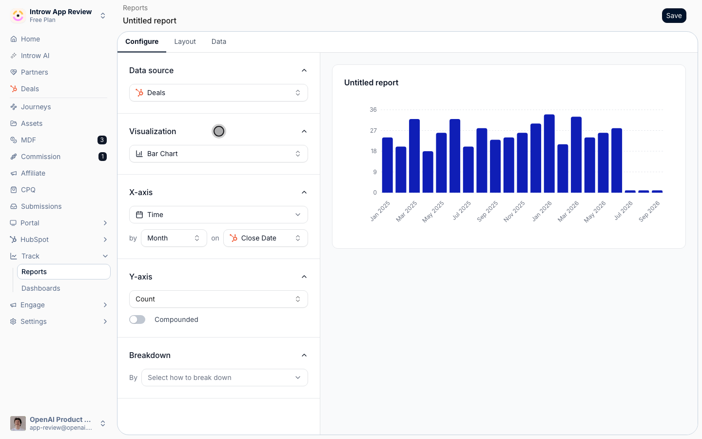 Choose a bar, line, number, or pie chart, then set the X-axis grouping, the metric aggregation, and an optional breakdown.