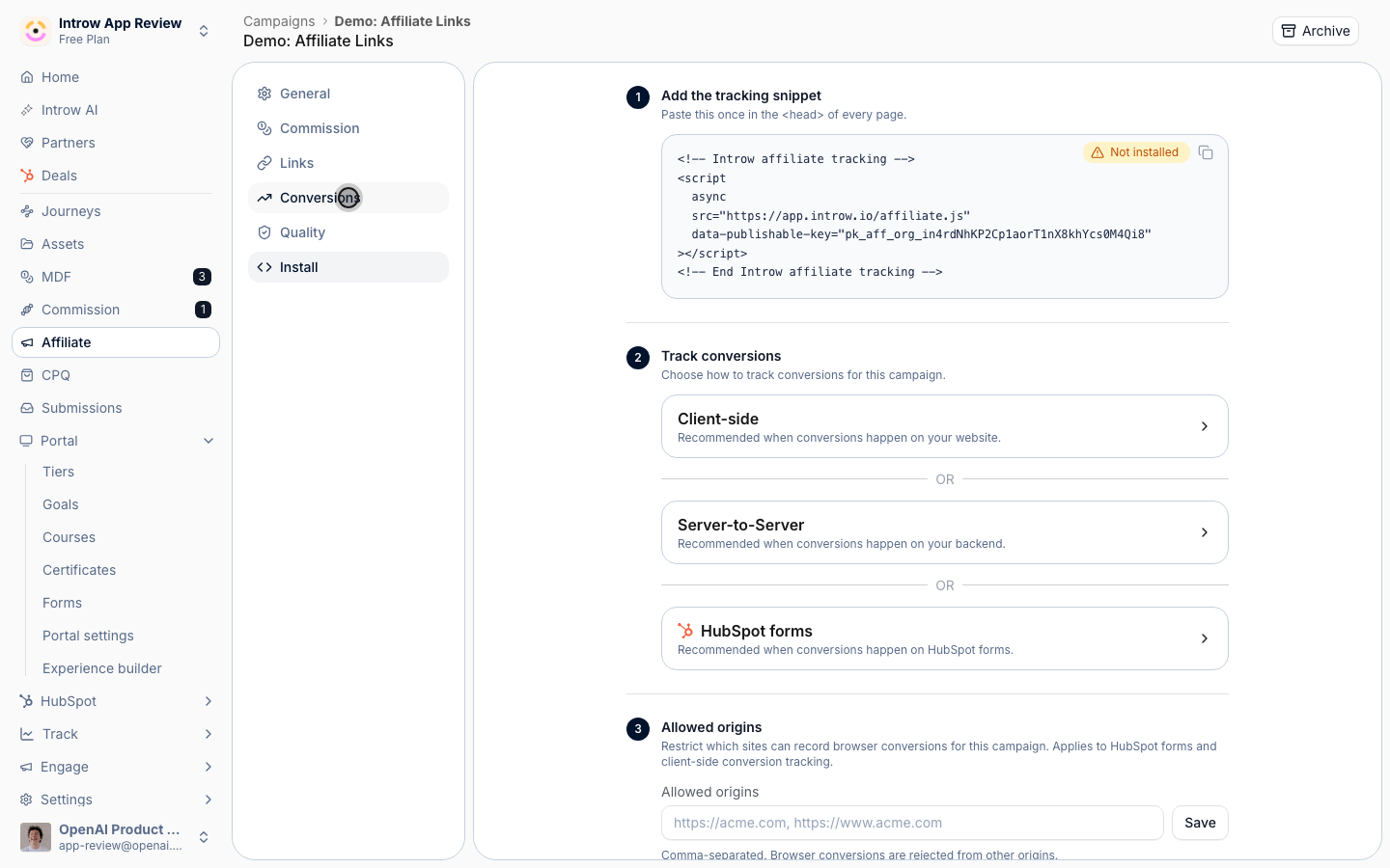 An affiliate campaign's Install tab, with the tracking snippet and the Client-side, Server-to-Server and HubSpot forms ways to record conversions.
