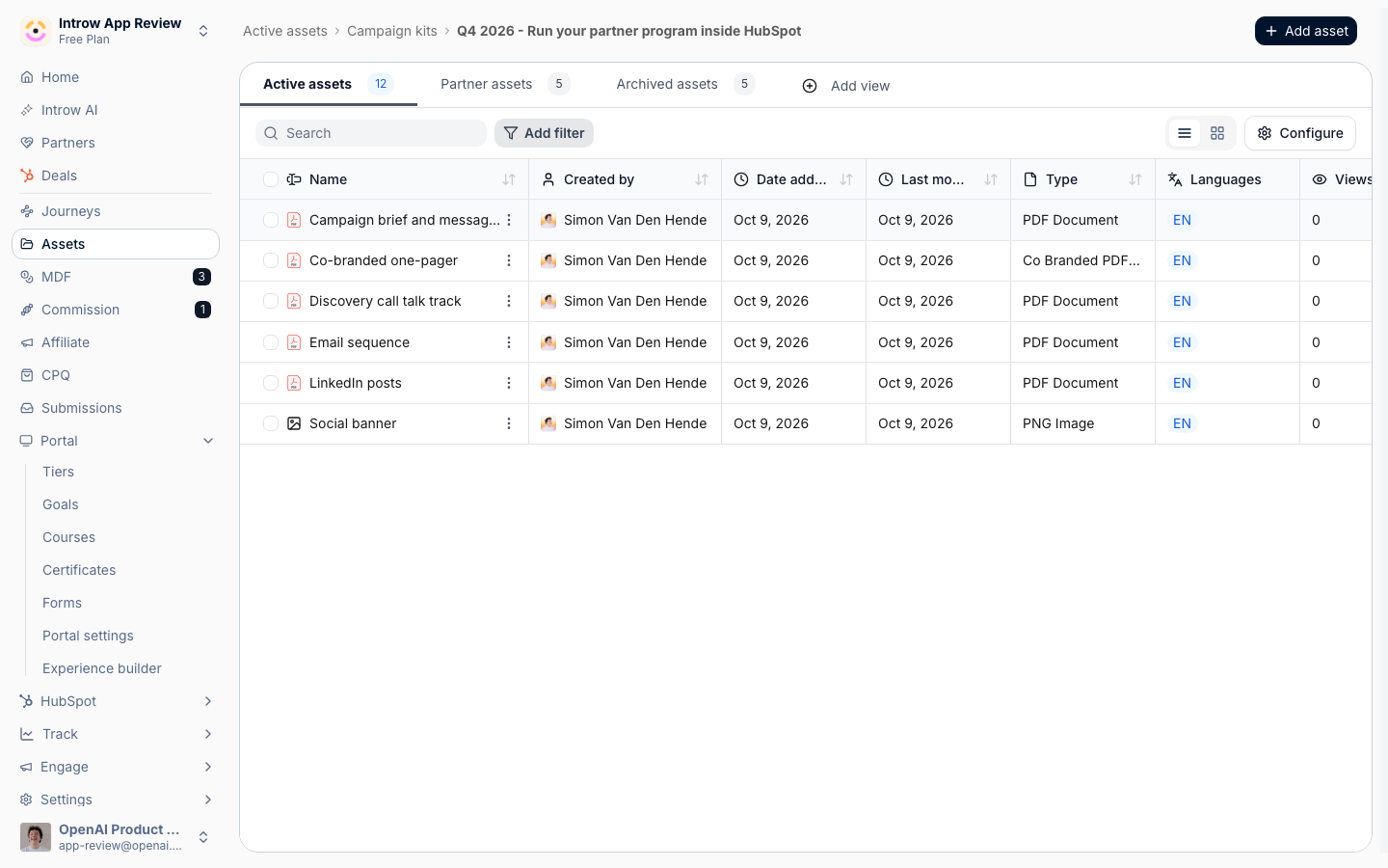 Inside the Campaign kits folder: one subfolder per campaign, here Q4 2026 - Run your partner program inside HubSpot.