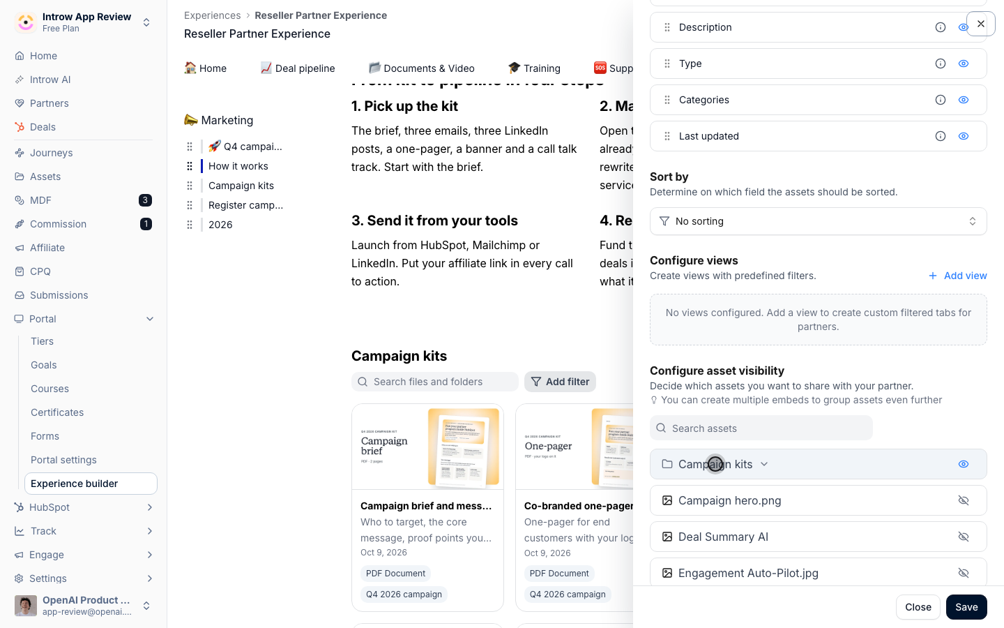 The Asset Hub configuration sheet, with Thumbnails layout, Description shown and the Campaign kits folder switched on under Configure asset visibility.