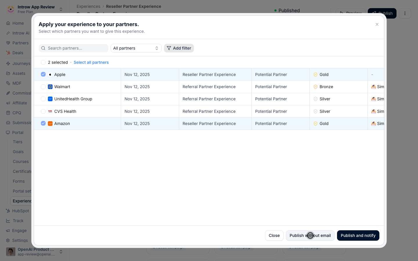 The publish dialog, applying the experience to the selected partners with Publish without email or Publish and notify.