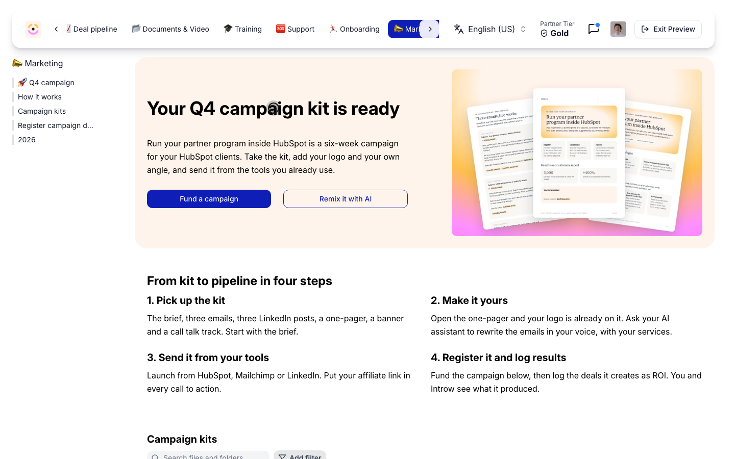 The Marketing tab in a partner's portal: the Q4 campaign hero with Fund a campaign and Remix it with AI, and the four steps from kit to pipeline.