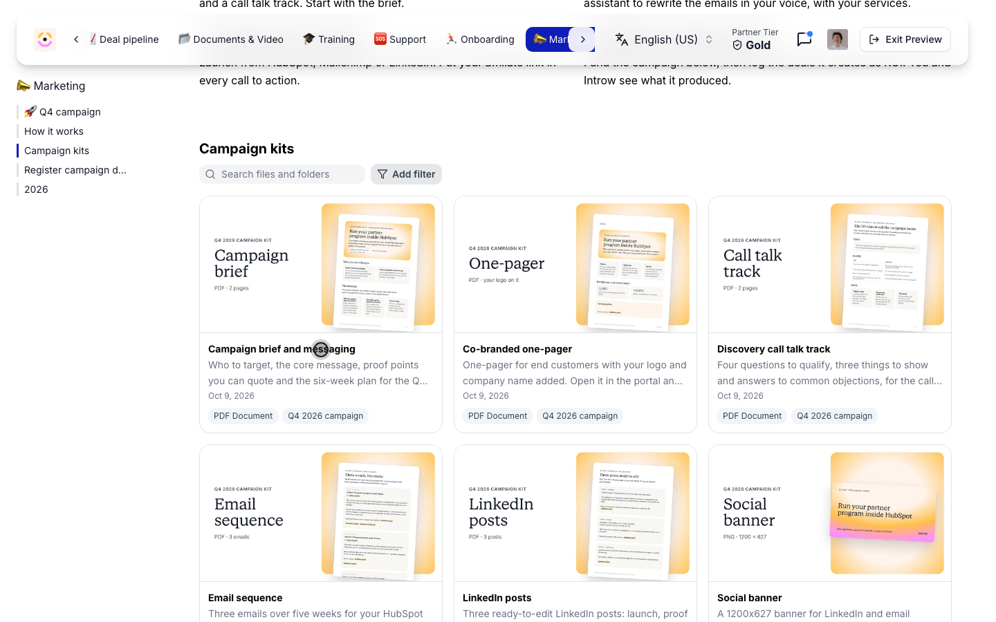 The Campaign kits hub in a partner's portal, six assets as matching thumbnails with their descriptions and the Q4 2026 campaign category.