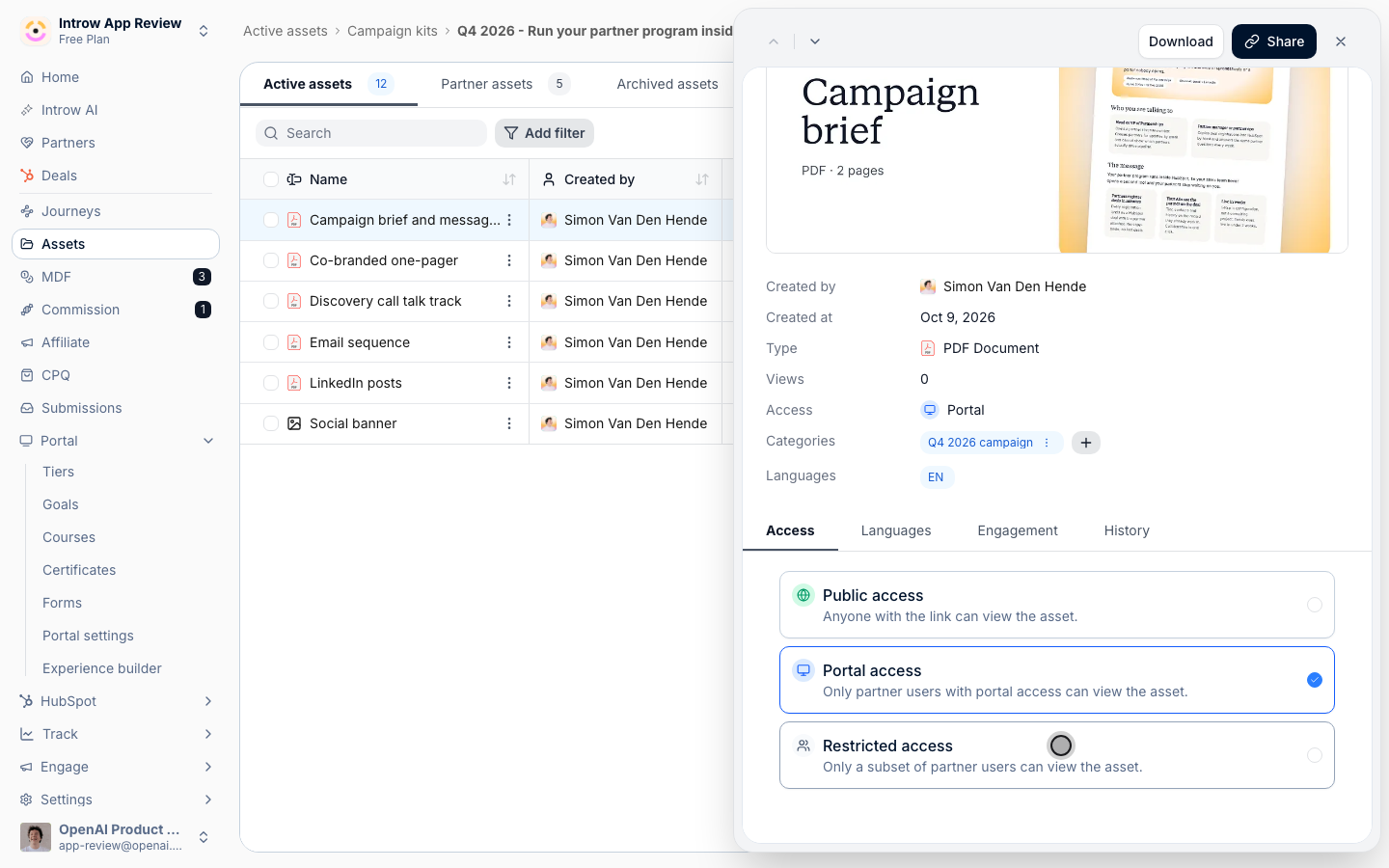 A kit asset open in the asset library, with its Access options: Public access, Portal access and Restricted access.