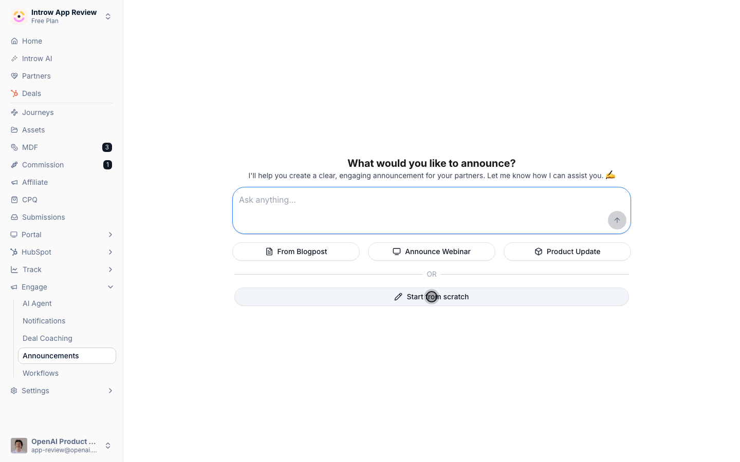 A new announcement in Introw, asking what to announce, with suggested starting points and an option to draft it with AI.