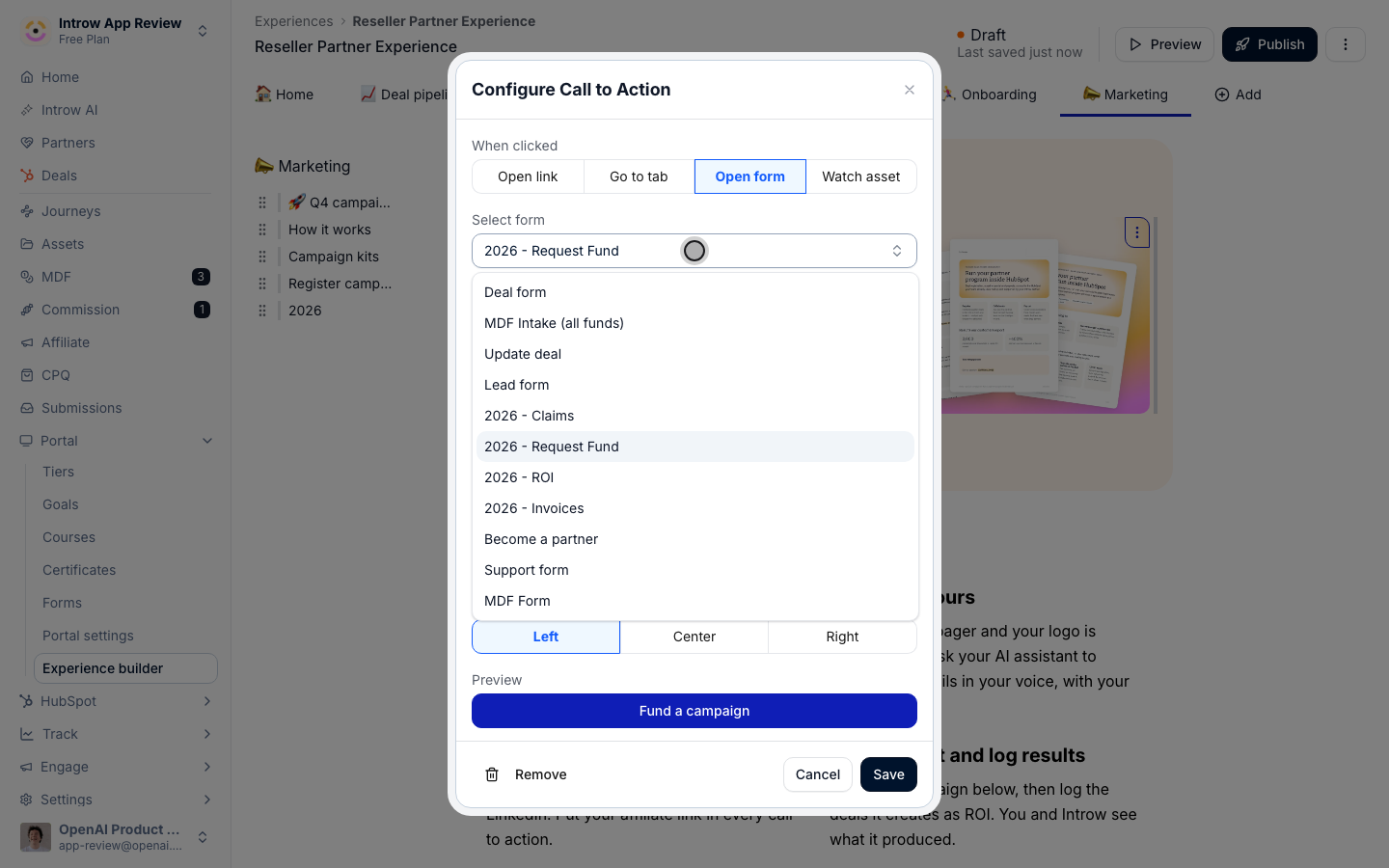 The Configure Call to Action dialog on the Marketing tab hero, set to open the 2026 - Request Fund form when a partner clicks Fund a campaign.
