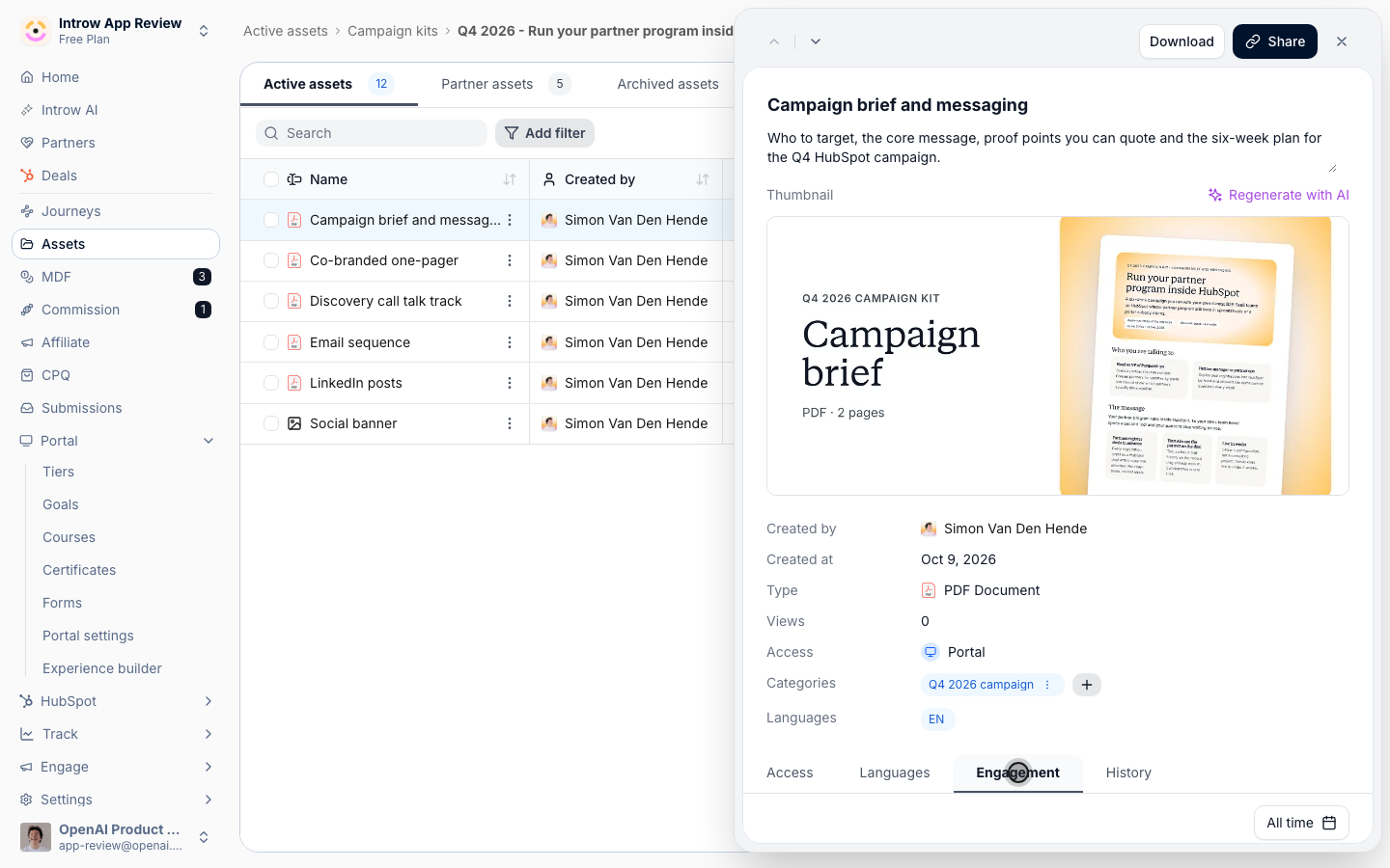 A kit asset's Engagement tab in the asset library, listing the people and partners who opened it.