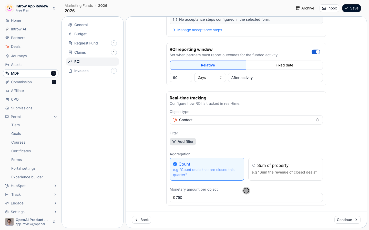 The Real-time tracking settings on the fund's ROI step: the object type to count, an optional filter, Count or Sum of property, and the amount each object is worth.