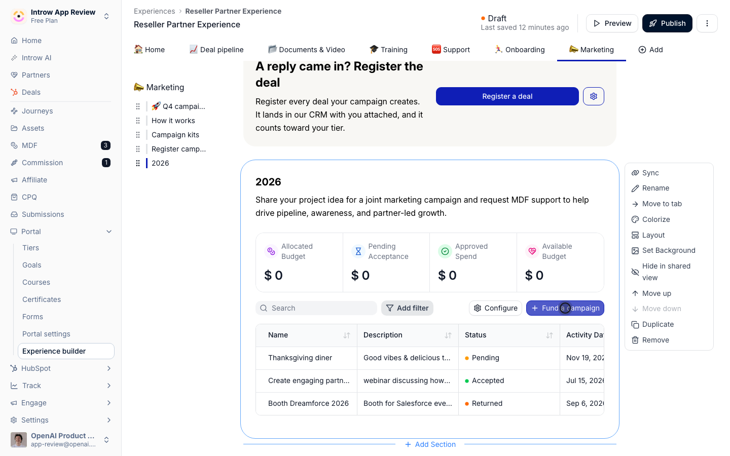 The Marketing tab in the experience builder, with the Register a deal banner above the fund's budget summary, its requests and the Fund a campaign button.