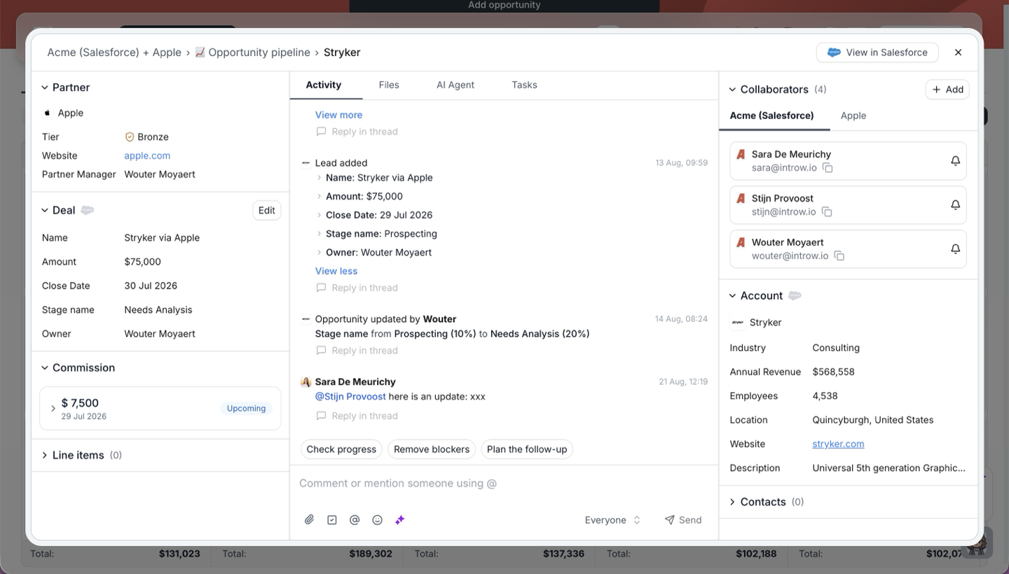 A shared deal opened in the partner portal, with its CRM fields and the partner's own commission on the left, the thread both companies comment in, and each side's collaborators beside the account.