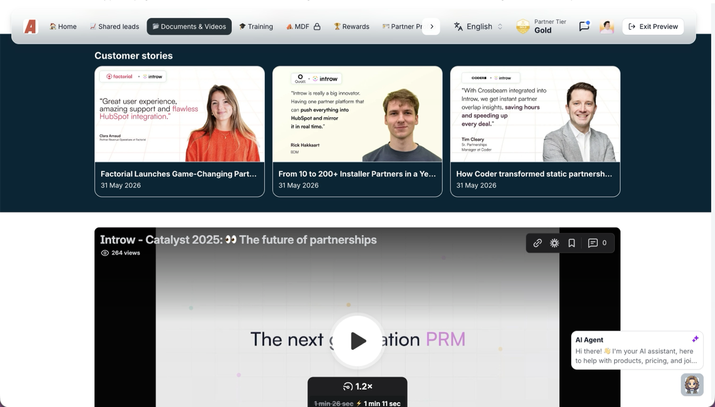 An enablement stage in the partner portal, with customer stories as cards over a video that counts its own views and plays back at adjustable speed.