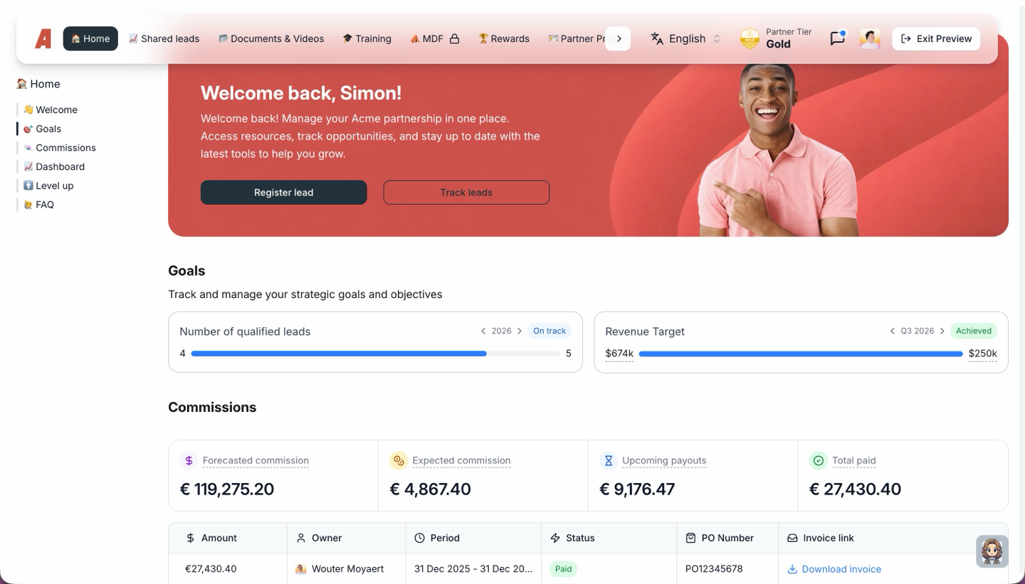 The partner portal's home stage as the partner sees it: a welcome banner with their next actions, their goal progress, and their forecasted, expected, upcoming and paid commission over the payout table.