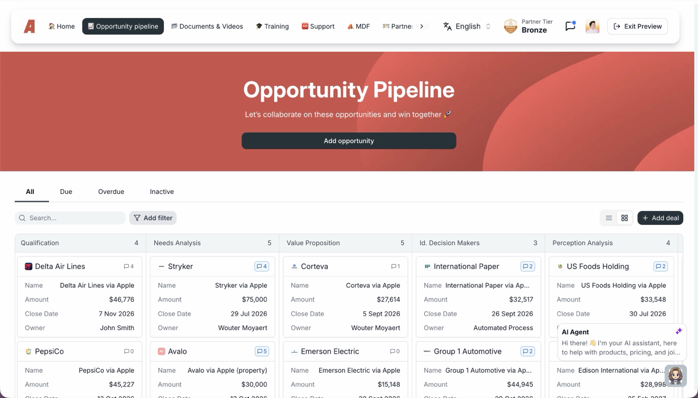 The shared pipeline as the partner sees it, with every deal they are attributed to on a card in its CRM stage and the stage totals along the bottom.