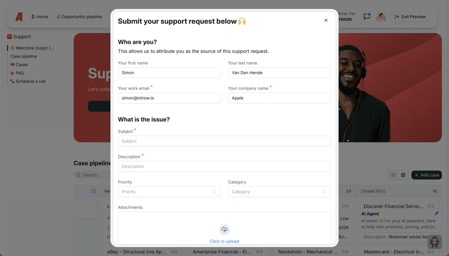 A form opened from the partner portal, prefilling who the partner is and asking for the subject, description, priority, category and any attachments.