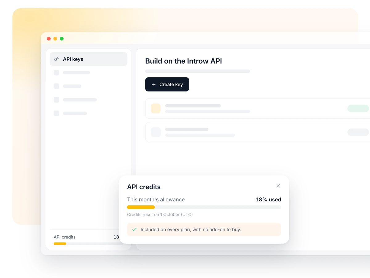 Settings, Developers, API keys with the API credits panel showing the share of this month's allowance used and the reset date