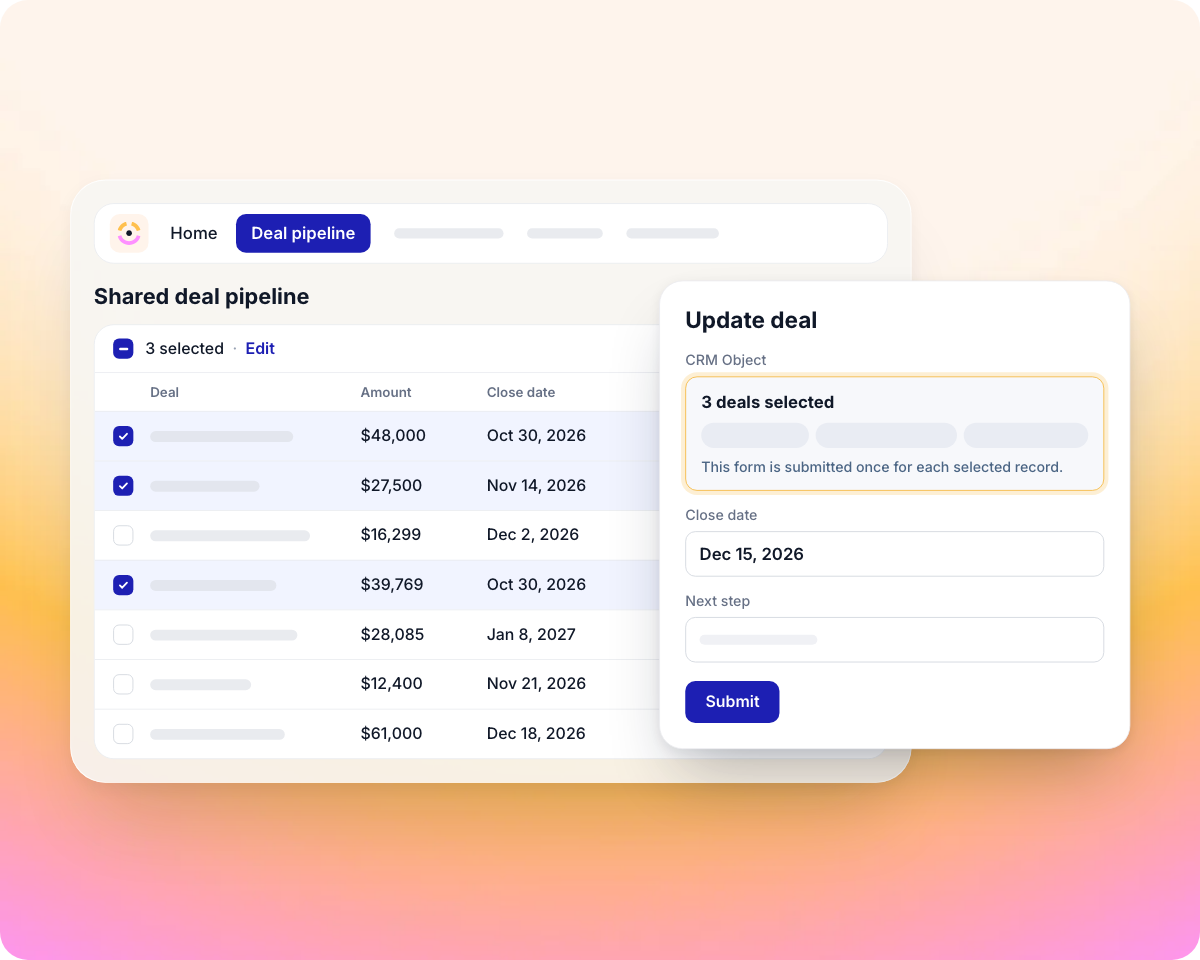 A partner's shared deal pipeline with three deals ticked, and the Update deal form reading 3 deals selected, submitted once for each selected record