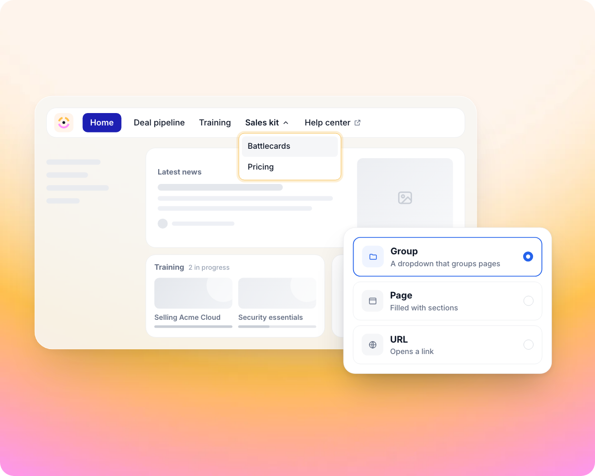 A partner portal navigation with the Sales kit group open on Battlecards and Pricing and a Help center link, next to the three kinds of navigation item: Group, Page and URL