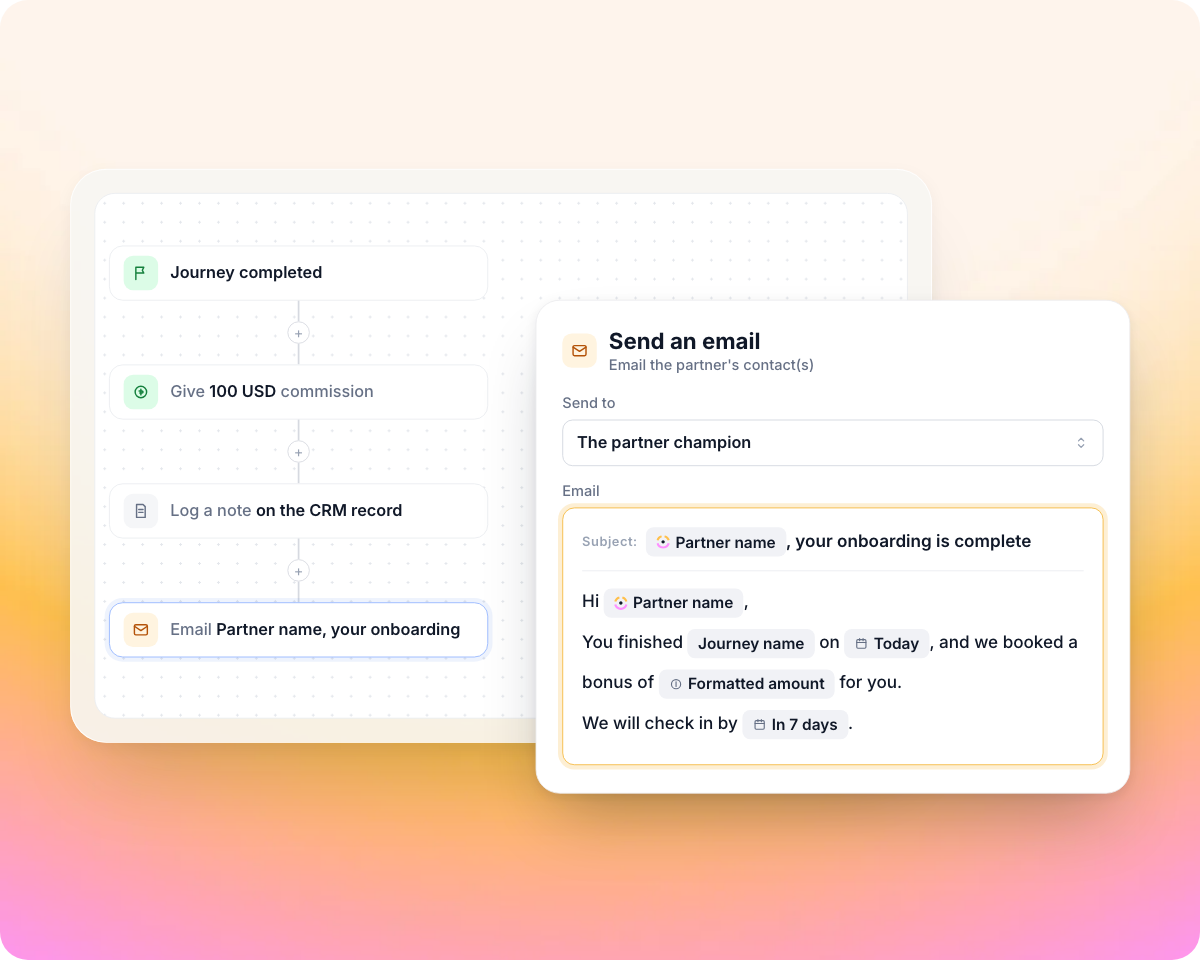 A workflow that gives a commission when a journey is completed, with its Send an email step addressed to the partner champion and a subject and body filled with Partner name, Journey name, Today, Formatted amount and In 7 days variables