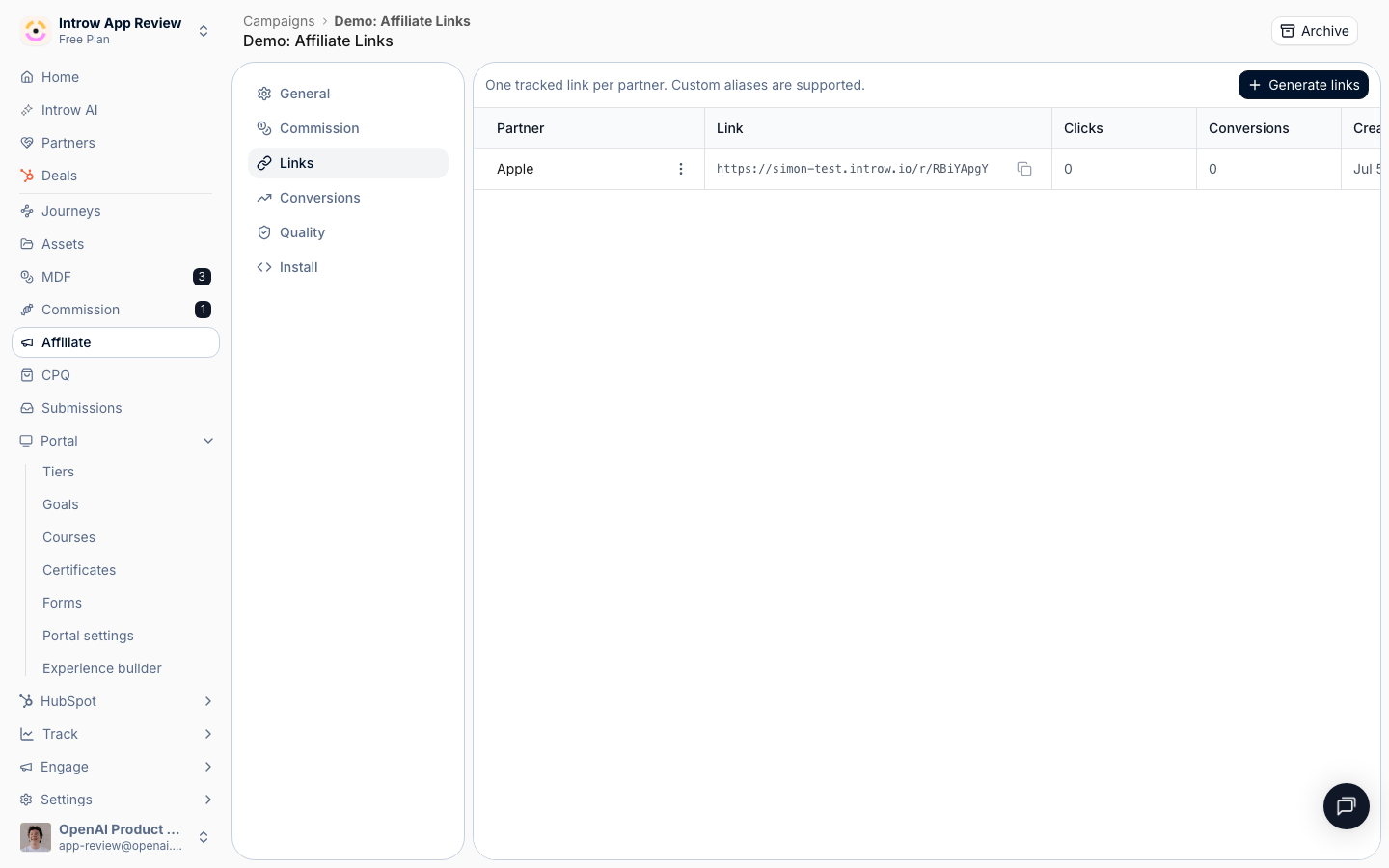 The Links tab of an affiliate campaign, showing a tracked link against the partner alongside the Generate links action