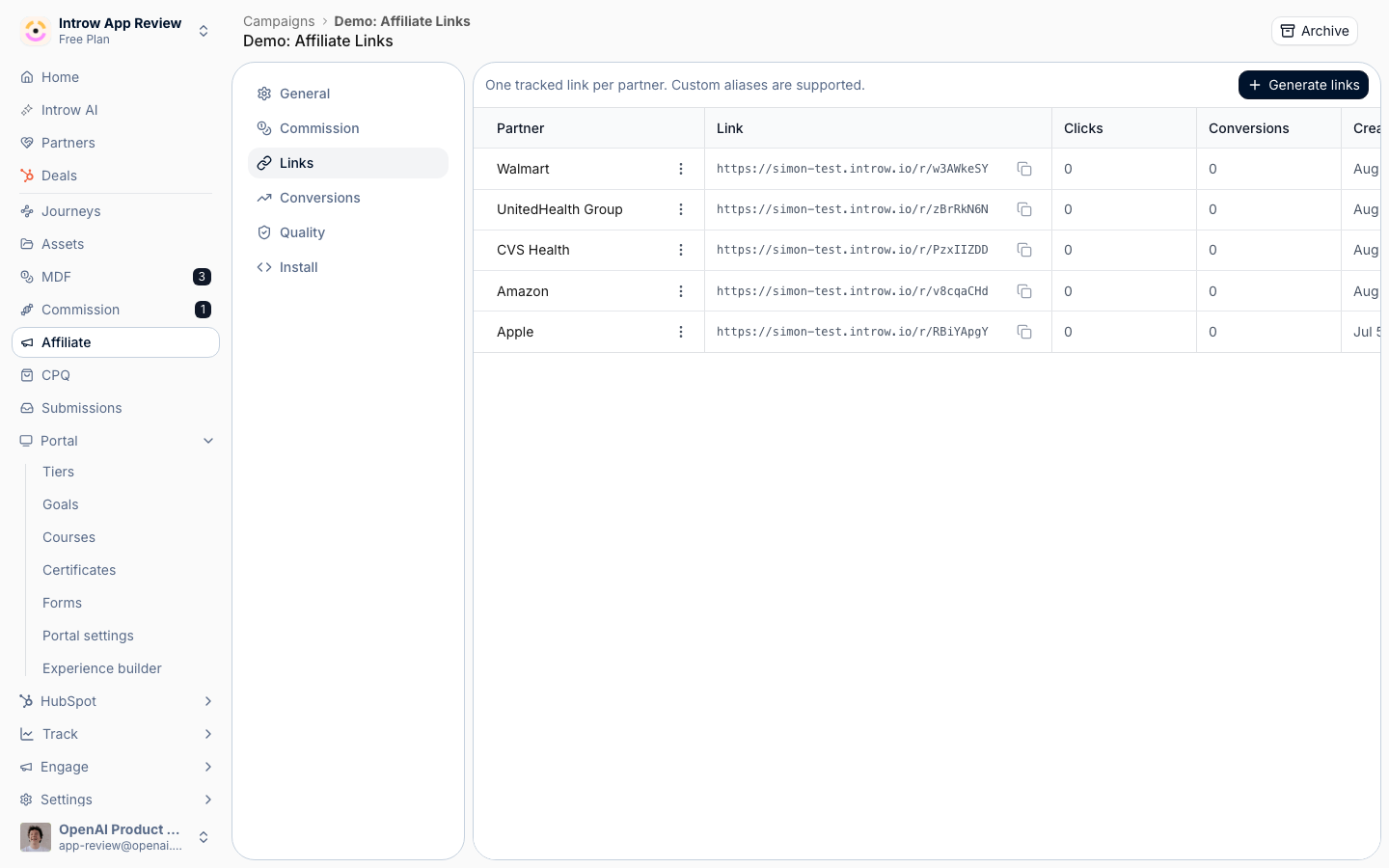 The Links tab of an affiliate campaign, showing a tracked link against the partner alongside the Generate links action