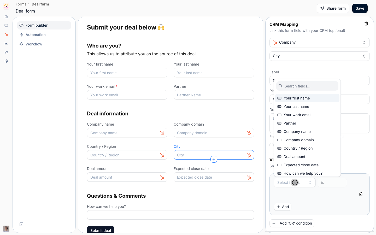 The visibility condition's field picker open, listing the form's own sibling fields rather than CRM properties