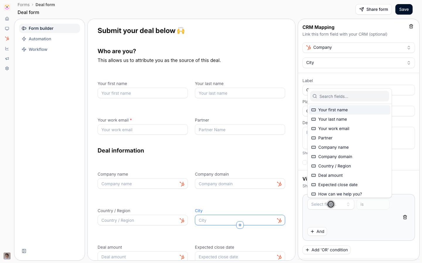 The visibility condition's field picker open, listing the form's own sibling fields rather than CRM properties