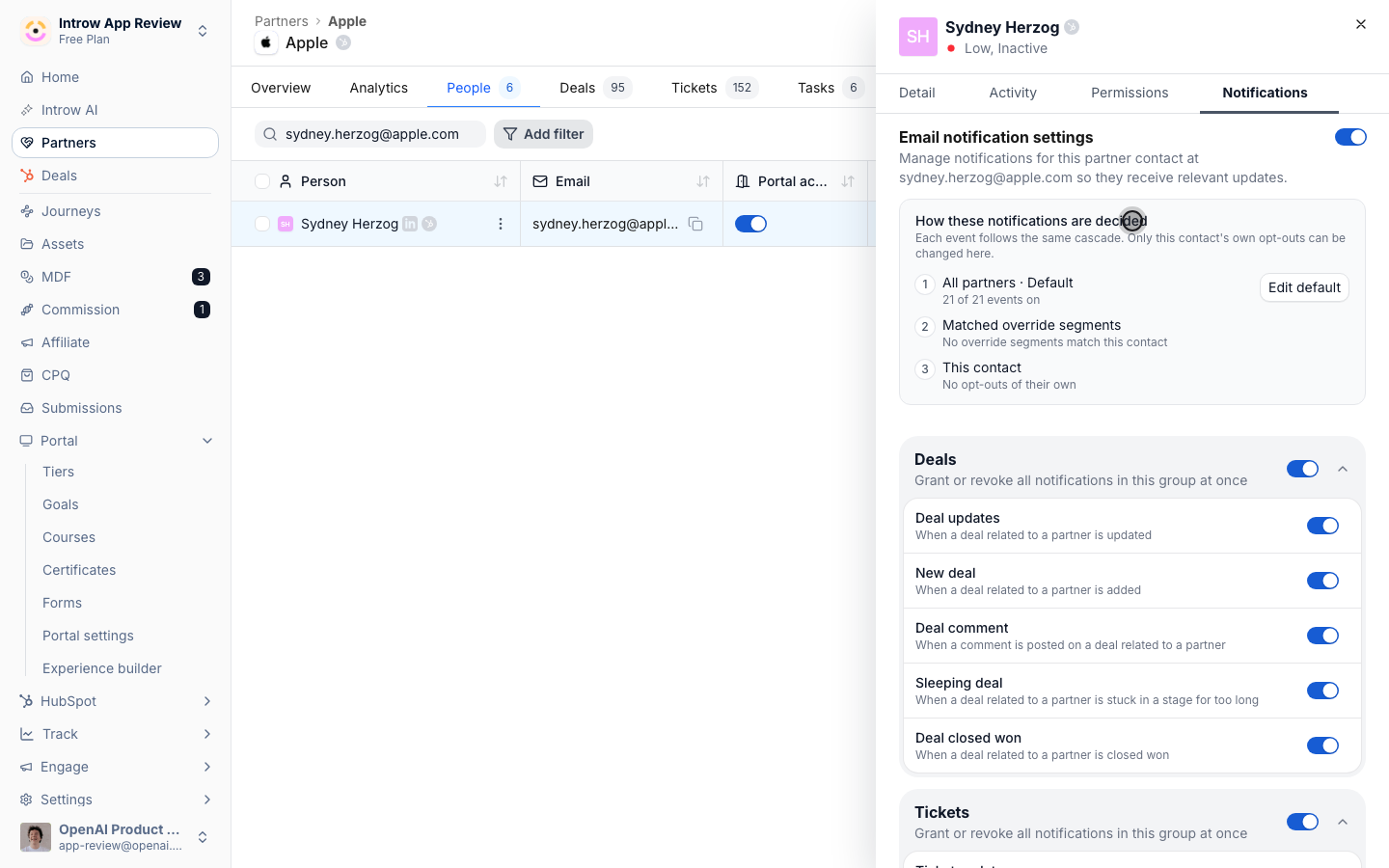 A partner contact's Notifications tab showing the How these notifications are decided card, walking the default, matched override segments, and the contact's own opt-outs