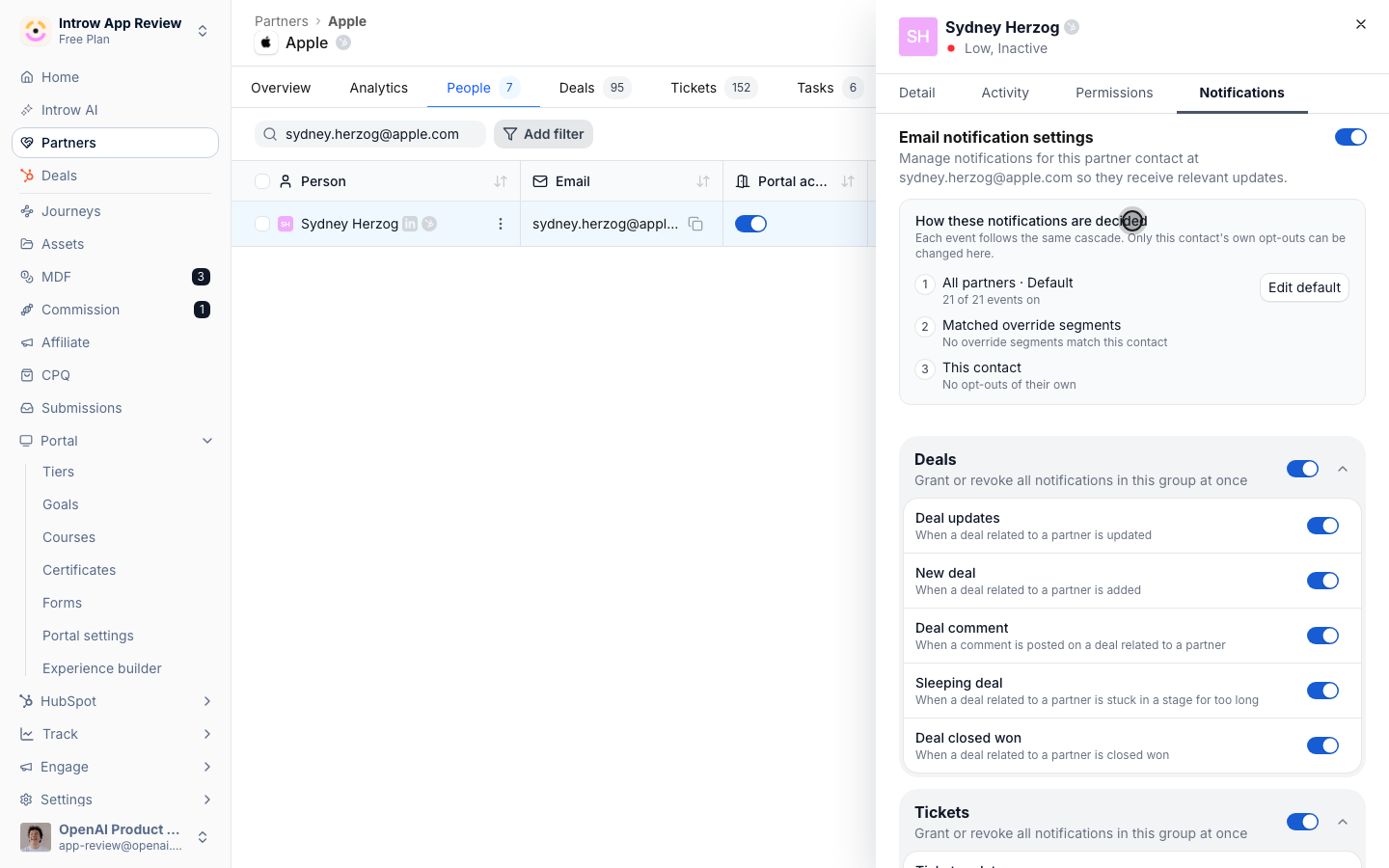 A partner contact's Notifications tab showing the How these notifications are decided card, walking the default, matched override segments, and the contact's own opt-outs